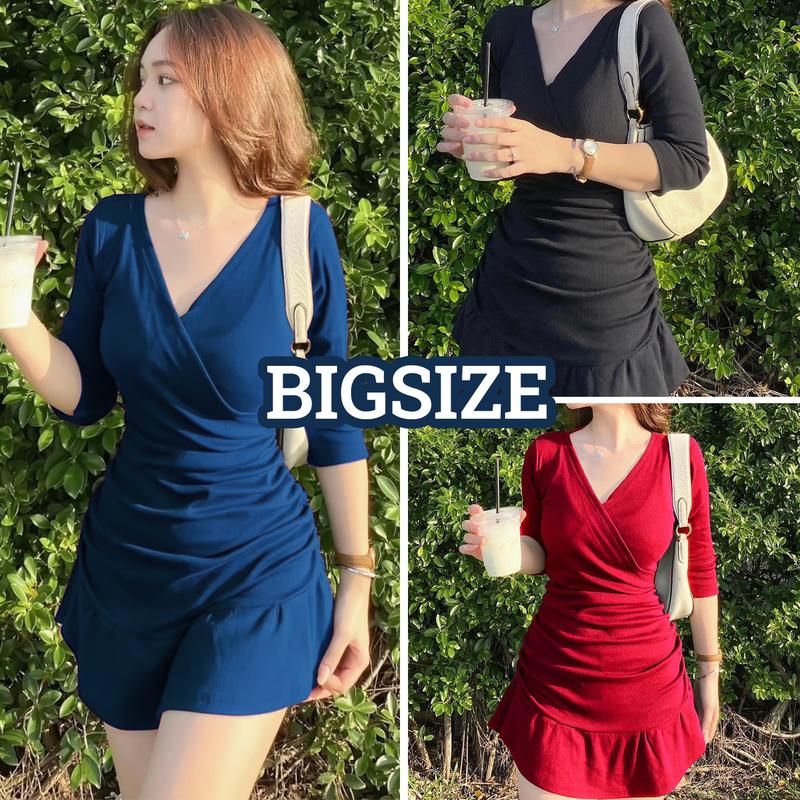 Đầm Váy Body Nhún Eo 2 Bên, Tay Dài Thun Gân Tăm Cổ Chéo Bigsize 45-85kg Xinh Cho Nàng Béo Nữ Women Dress Đen váy tiệc