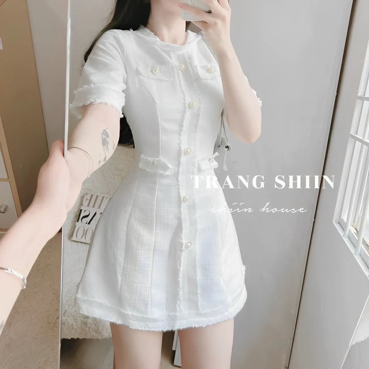 Đầm Trắng Dự Tiệc Tưa Lai Đính Nút Chất Lenin Cao Cấp Tôn Dáng Siêu Xinh vaytet Nữ Women