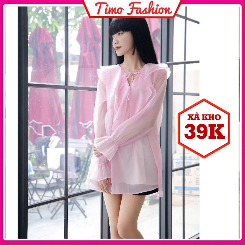 Áo babydoll nữ dài tay, áo kiểu nữ sang chảnh tay phồng, ống loe viền bèo tơ buộc nơ xinh tiểu thư dáng dài AOT26