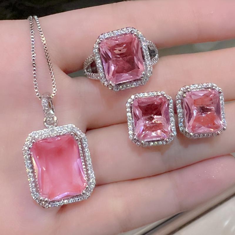 Product Introduction of Tik Tok Live Stream Rectangular Diamond Colored Gems Eardrops Stud Earrings Ring Hot Sale Square Pink Yellow Diamond Crystal Jewelry Suit sakuya  keychain gantungan  kunci bus  stop ganesha  keychain sonny  angel 0