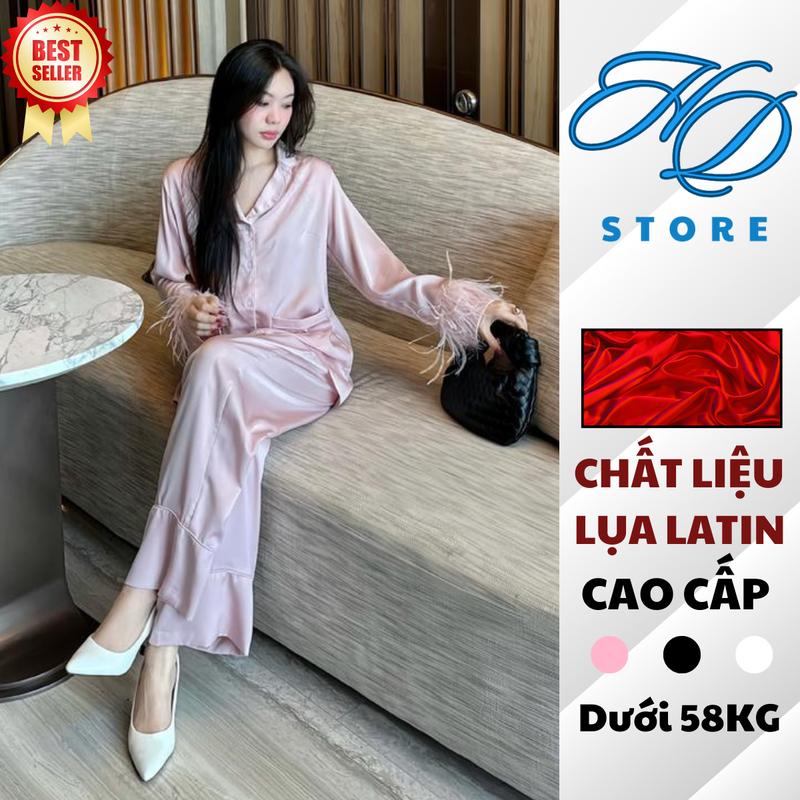 DƯỚI 58KG DƯỚI 1’63 Đồ Ngủ Nữ Cao Cấp Mặc Nhà Tiểu Thư Lụa Mịn Latin Mềm Mịn Voi Áo Phối Lông Vũ Thanh Lịch Đồ Bộ Ngủ Pijama Tết Xmas- HD STORE