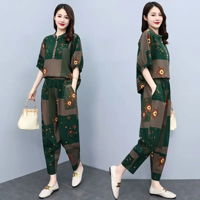 Áo Cho Nữ, Phong Cách Thanh Lịch, Mẹ TRUNG NIÊN, Quần Áo Mùa Hè, Bộ Quần Harem Cổ Điển Thời Trang Mới, Áo ngắn Tay, Bộ Hai Mảnh, Thích Hợp Cho Mùa Hè Thường Ngày 2024