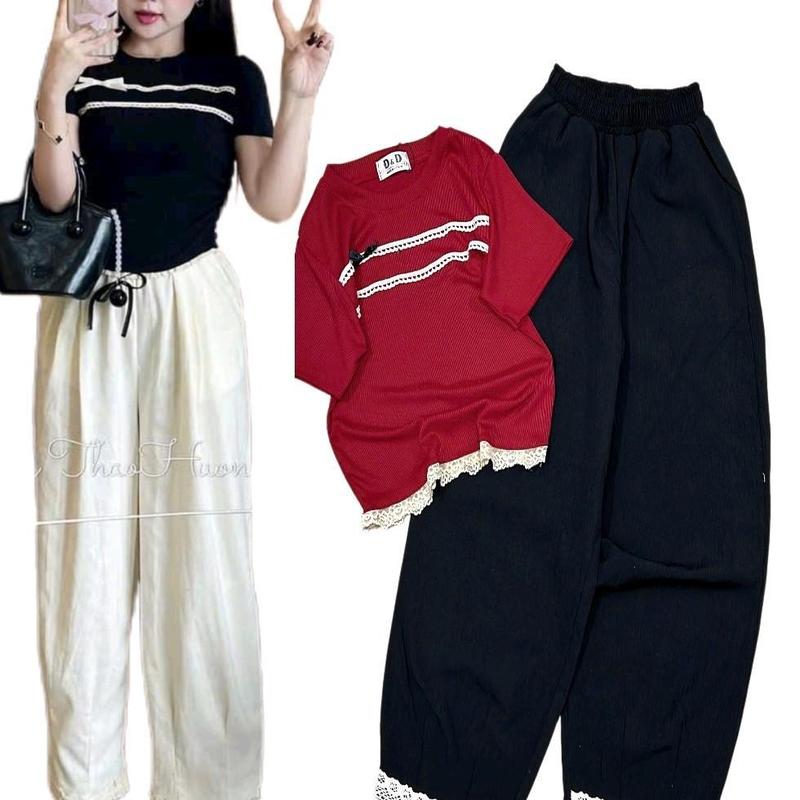 (có bigsize) 1987. bộ đồ nữ áo cổ tròn phối viền lai ren tay ngắn+quần baggy chất đũi có túi quần Voi Sen Nhung Women Top