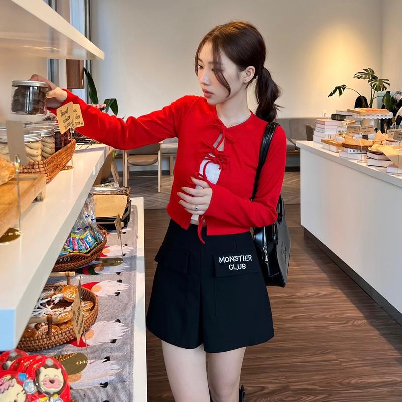 Áo Khoác Cardigan Nữ Tay Dài Croptop Cột Nơ Xinh Xắn Màu Đỏ Giáng Sinh -Tết - Monstier Classic Bow Top 3