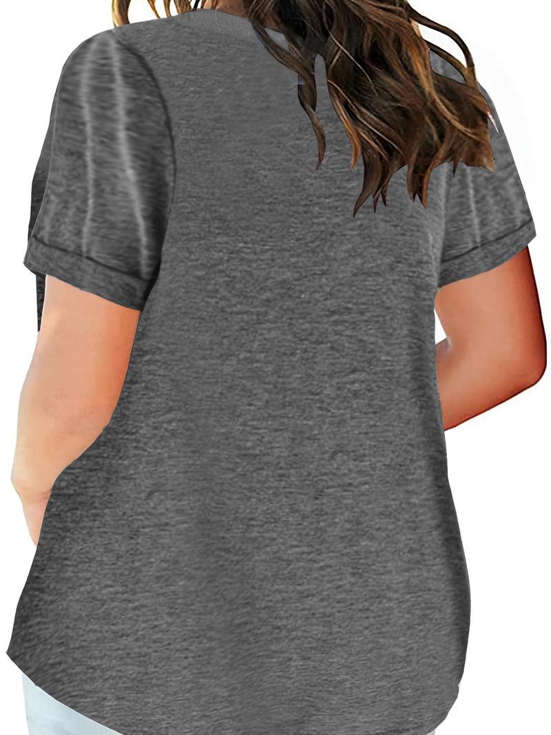 Product Introduction of 【Plus Size】 Plain Button Front Pocket Round Neck Tee, Casual Fashion Short Sleeve T-Shirt for Summer, Women's Plus Clothing for Daily Wear 8