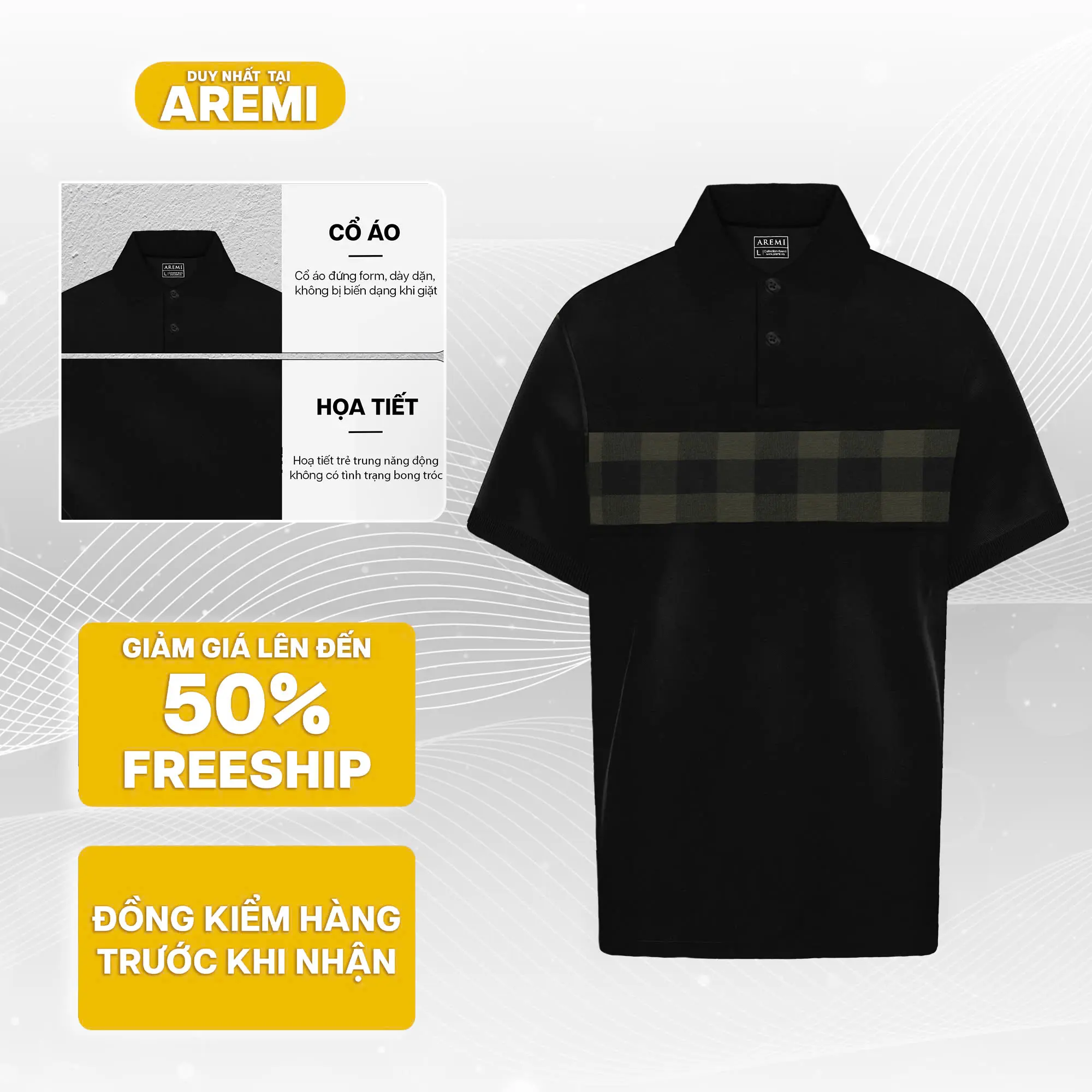 ( Combo 2 áo ) Áo polo nam tay ngắn cổ trụ phối caro AREMI vải cotton cá sấu co giãn 4 chiều cao cấp APL0007 Menswear Ngắn Tay Cộc Tay Có Cổ