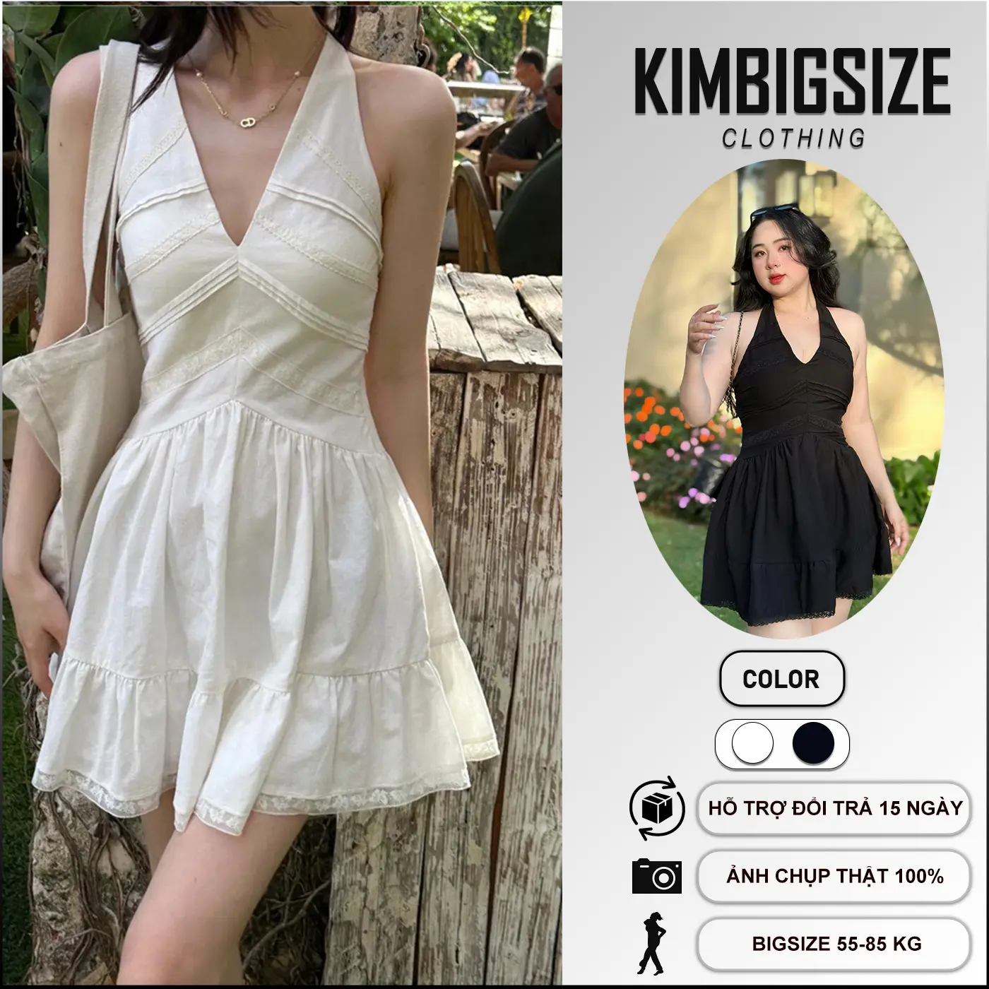 KIMBIGSIZE Váy Yếm Hở Lưng Bo Chun Kèm Mút Bigsize(55-90kg) Nữ Women