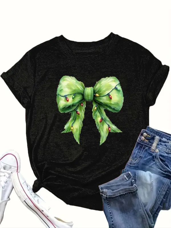 【Plus Size】 Cartoon Bow Print Round Neck Tee, Casual Short Sleeve T-shirt for Summer, Women's Clothing for Daily Wear 5