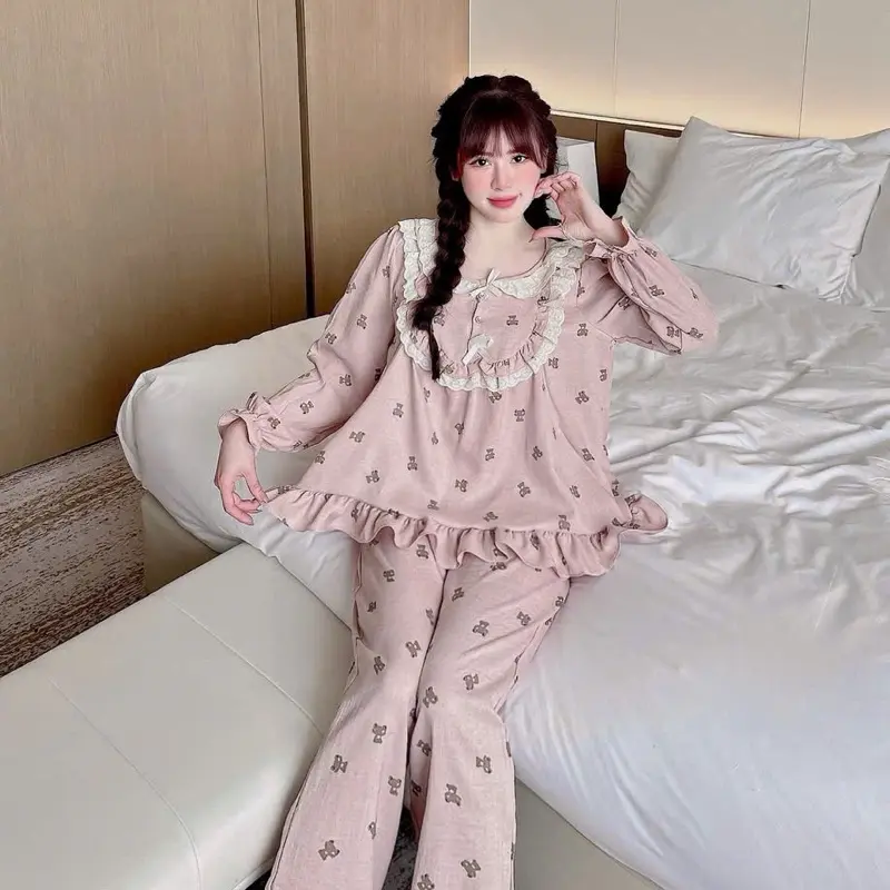 Set đồ Ngủ Tiểu Thư hoạ tiết Gấu Vân mây cho Nữ-Đũi nhung phối Cổ Ren 4