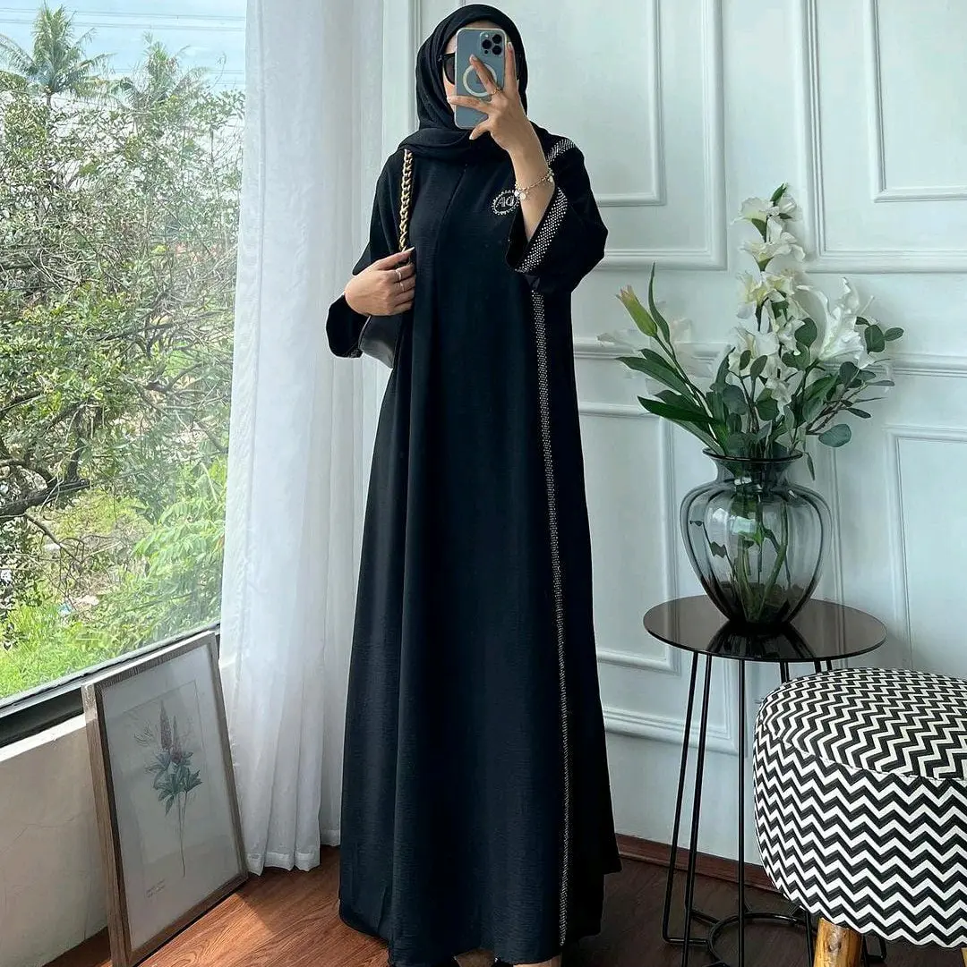 GAMIS ABAYA PLUS HIJAB Airflow Crinkle Muslim Payet Dress Wanita Hitam Turki