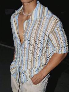 Men's Striped Pattern Button Front Hollow Out Sweater Cardigan, Casual Loose Short Sleeve Knitwear for Summer, Fashion Men's Knit Clothing for Daily Wear
