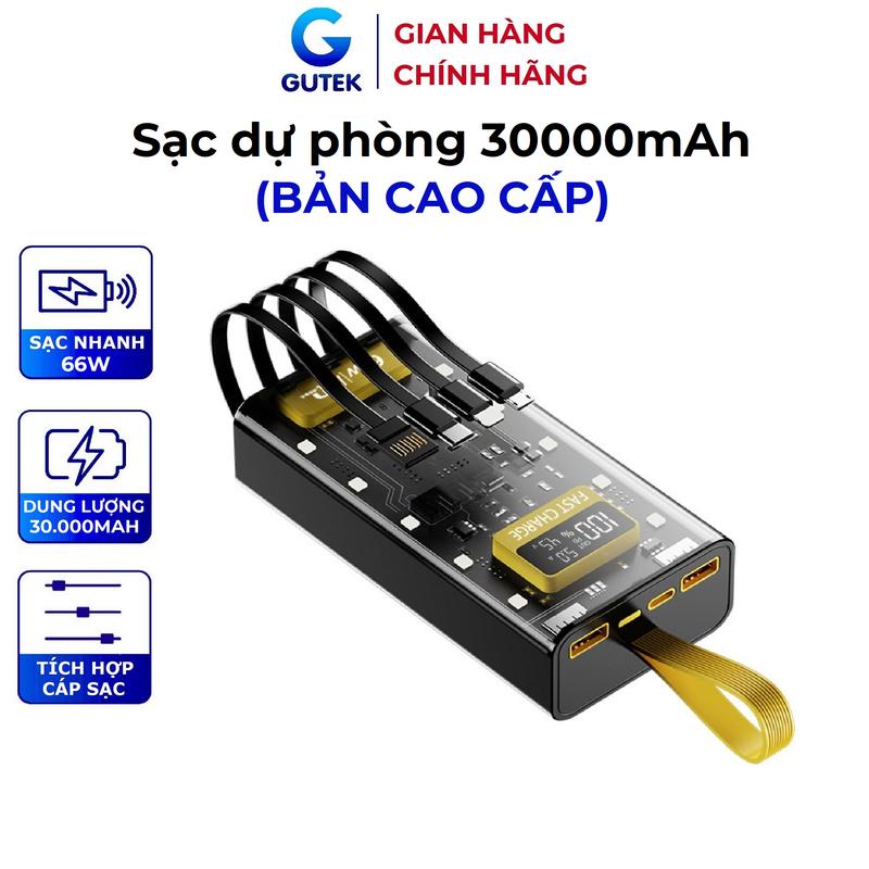 Sạc dự phòng 30000mah Gutek DX745 pin dung lượng lớn đi kèm dây sạc nhanh 66w cho nhiều điện thoại