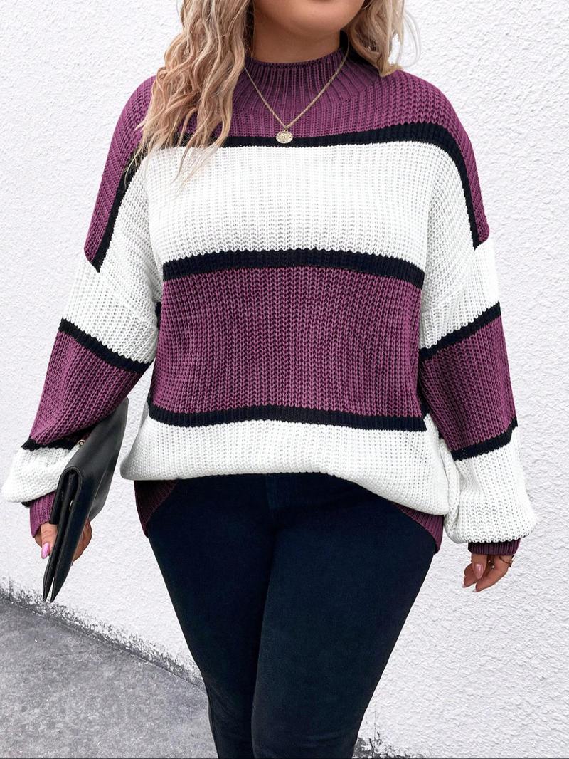 Product Introduction of 【Plus Size】 Colorblock Striped Print Drop Shoulder Sweater Pullover, Casual Chic Long Sleeve Round Neck Jumper for Fall & Winter, Women's Plus Clothing for Daily Wear 10