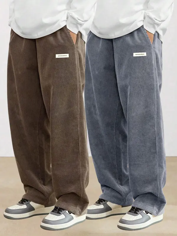 Men's Letter Label Patched Pocket Corduroy Pants, Casual Comfy Straight Leg Trousers for Fall & Winter, Men's Bottoms for Daily Wear 0