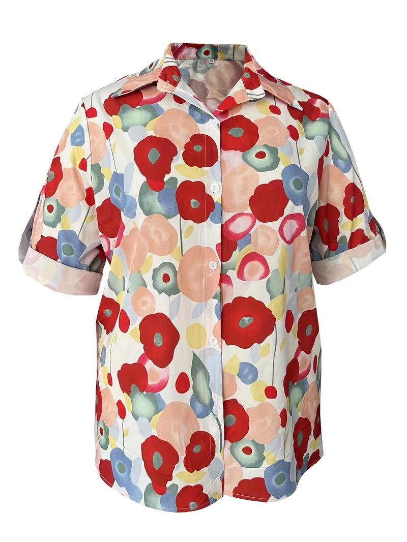 Product Introduction of 【plus Size】 All Over Floral Print Button Front Blouses, Casual Long Sleeve Collared Top for Spring & Fall, Women's Clothes for Daily Wear 4