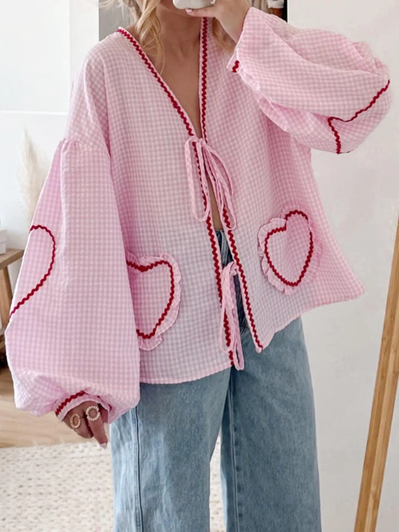 Women's Plaid Print Heart Embroidery Tie Front Blouse, Casual Lantern Sleeve V Neck Top for Fall & Winter, Women's Clothing for Daily Wear, Tall Clothing Women Valentine's Day, gift