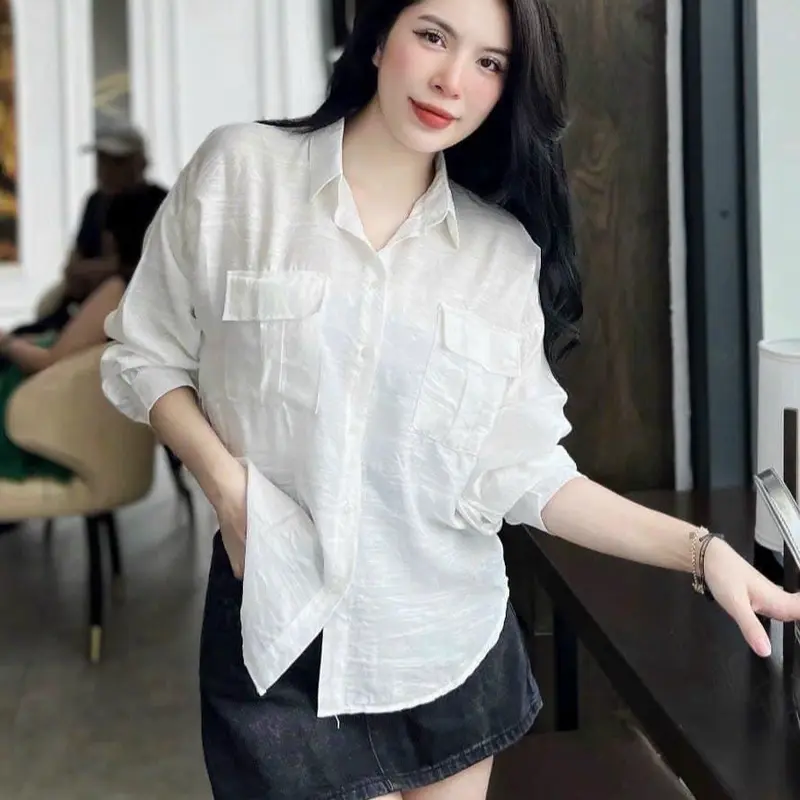 Áo sơ mi nữ tay dài chất tơ rũ mềm mại 2 túi 2 nắp xinh tay phồng nhẹ phom dáng hàn quốc. Women Top Voi Shirt Trắng tím pastel 4