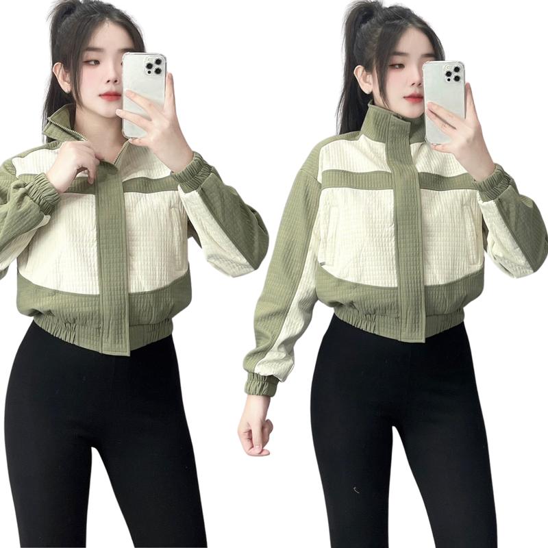 Áo khoác caro 2 da phối màu cổ trụ túi khóa kéo - Freesize 40-55kg - RTEE SHOP - Nữ Top Jacket Women Nâu 4