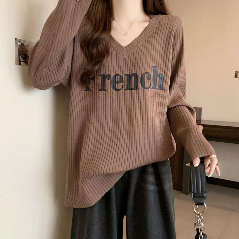 Product Introduction of Áo Thun Dài Tay Dáng Rộng Cổ Chữ V, Cỡ Lớn, Phong Cách Lười Biếng, Quần Áo Nữ, Phong Cách Mới Đầu Thu, Che Thịt, Dễ Phối Đồ, Áo Thường Ngày Dài Trung Bình Thời Trang 17