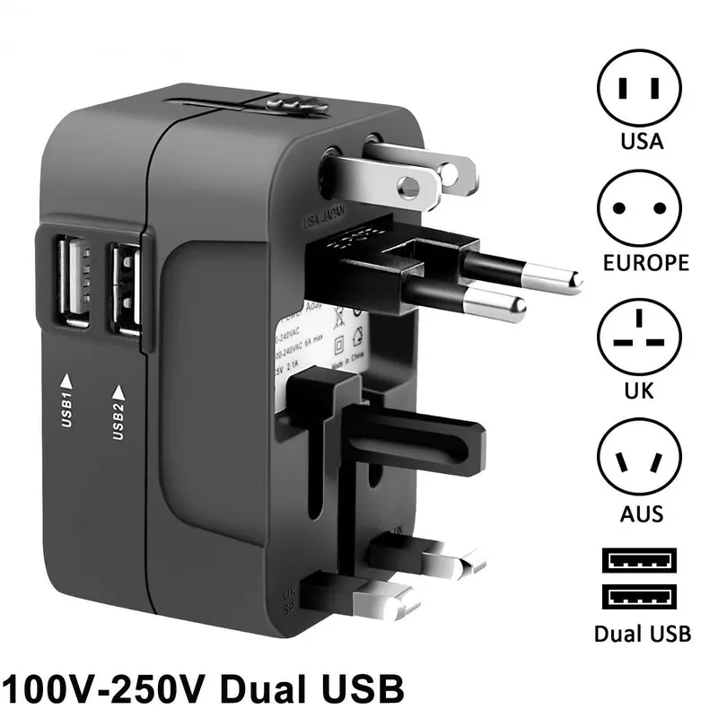 Universal Travel Plug Adapter, 100V-250V 2 USB Ports World Travel AC Power Charger Adapter, Worldwide in One Adapter Adapter, AU US UK EU Converter Adapter 4