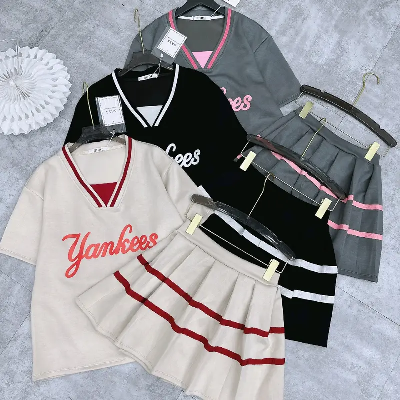 sét váy yankee phối viền  cổ bo chun chất liệu ctollol tầu  trắng kem đen xám Nữ Women Top Màu Xám Áo 0
