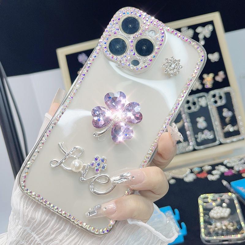 Ốp Sang Trọng, Cho Samsung A16, A55, A35, A15, A05, A05s, A24, A34, A54, A11, M11, M22, A21s, A12, A22, A32, A52, A72, A13, A53, A73, A23, A33, Thiết Kế Cỏ Ba Lá Kim Cương Tím Lấp Lánh 0