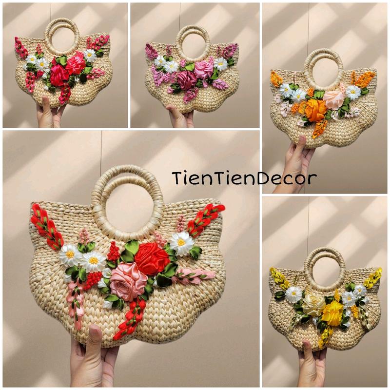  Kho sỉ túi cói lục bình bí thêu hoa ruy băng hàng cao cấp loại 1 Bag Nữ 