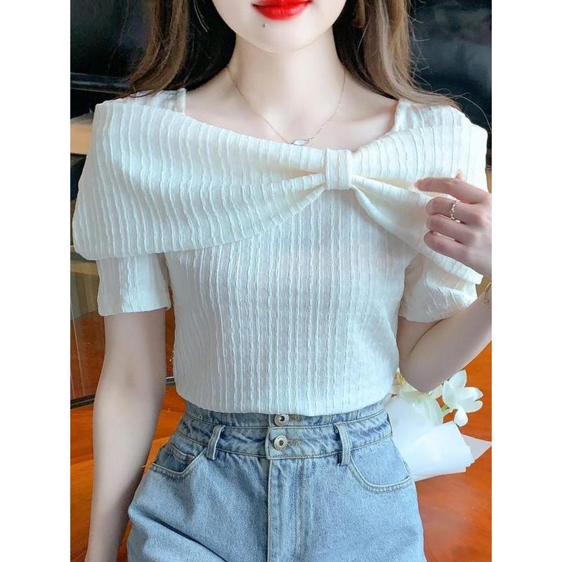 Áo Mùa Hè Cho Nữ, Thiết Kế Thắt Nơ Trễ Vai, Áo Voan, Sang Trọng Và Thanh Lịch, Áo Sơ Mi Ngắn Tay, Thiết Kế Đẹp, Cỡ Nhỏ 2