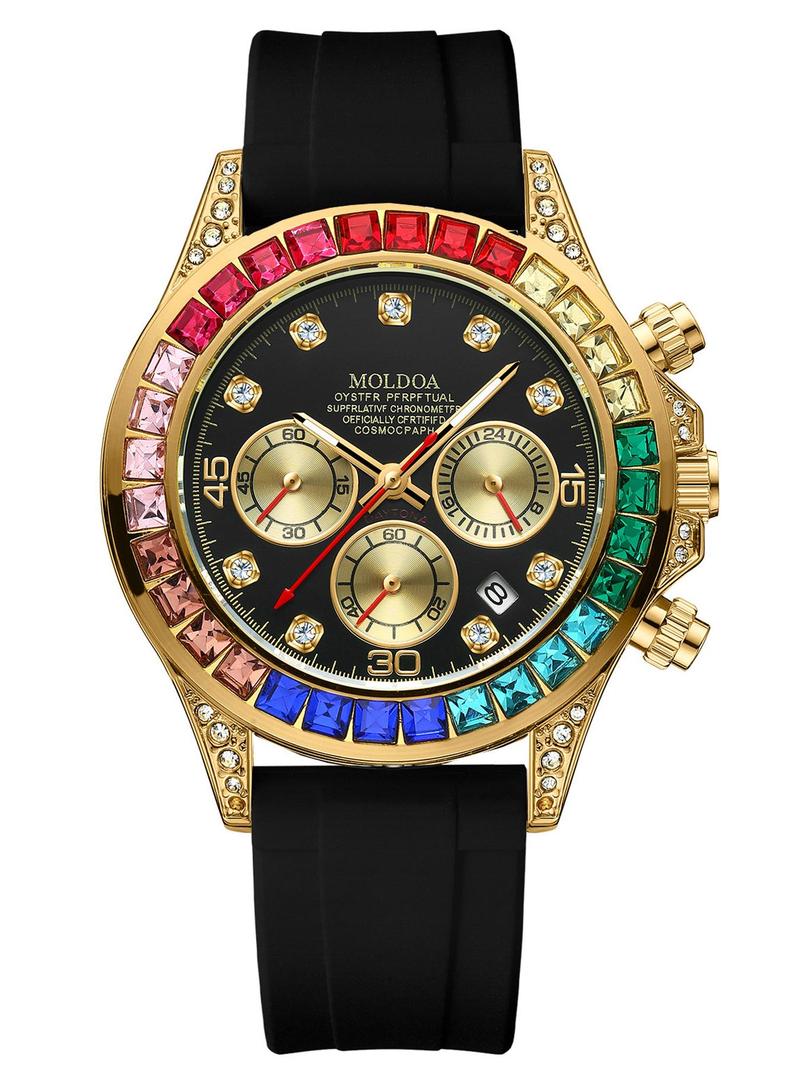 Product Introduction of Men's Business Fashion Rhinestone Decorated Analog Quartz Watch, Fashion Watch for Party, Daily Clothing Decor, Trendy All-match & Exquisite Watch Jewel for Birthday Gift with Box 7