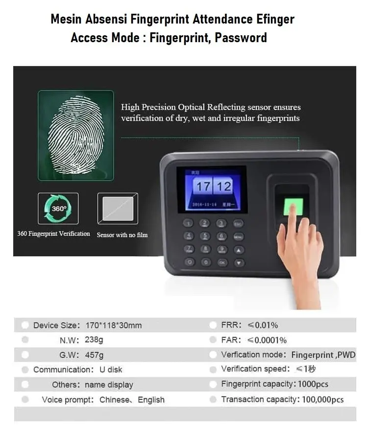 Mesin Absensi Fingerprint Sidik Jari Attendance Efinger