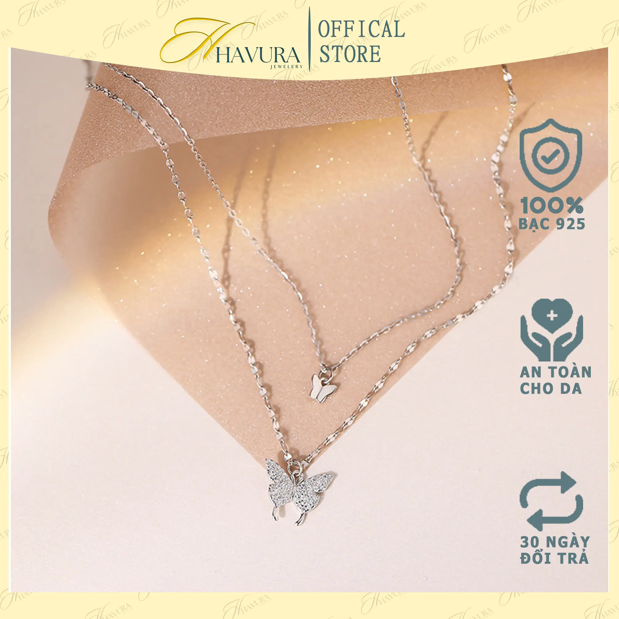Dây chuyền bạc nữ HAVURA, vòng cổ nữ hình con bướm đôi khảm đá, chất liệu bạc Ý 925 lấp lánh M066098