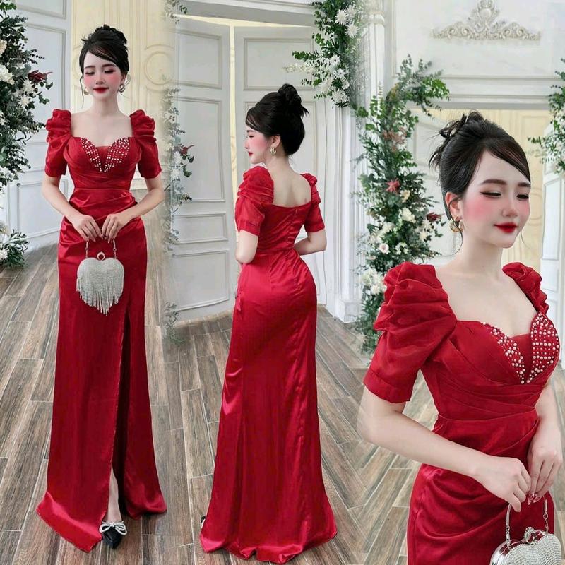   NGA PHẠM 'DRESS  - ĐẦM DẠ HỘI LỤA CUP TAY LỒNG ĐÈN KẾT CƯỜM XẾP LY DÁNG DÀI XẺ CHÂN - 6 màu  Nữ Women 