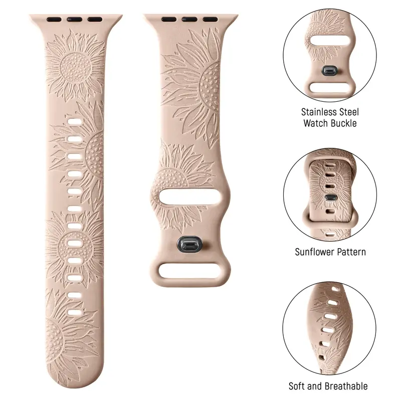Sunflower Engraved Watch Band, Soft Floral Silicone Watch Band for iWatch Ultra Series 10 9 8 7 6 SE 5 4 3 2 1, Smart Watch Accessories, Wearable 2