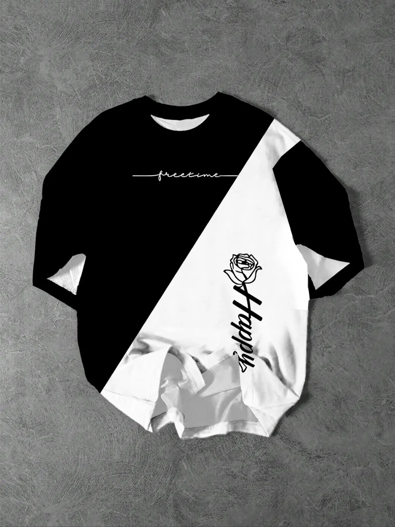 Men's Regular Fit Rose & Letter Print Colorblock Short Sleeve T-shirt, Casual Crew Neck Tee for Summer, Fashion Men's Top for Daily Wear