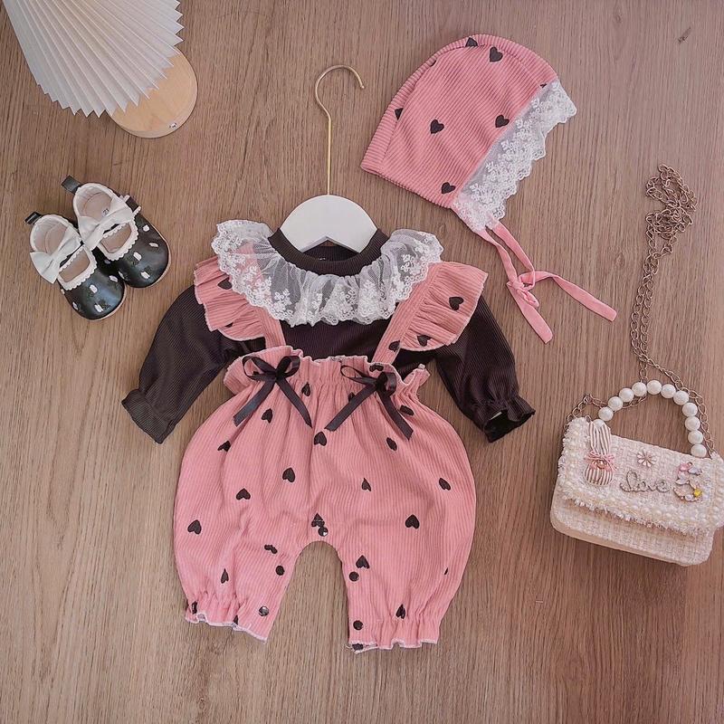 Bodysuit Cho Bé Dài Thân Set 3 Chi Tiết Yếm Nhung Hồng Đất Phối Áo Tăm Lạnh Đen Kèm Mũ Xinh Xắn, Body Cho Bé 4-11kg