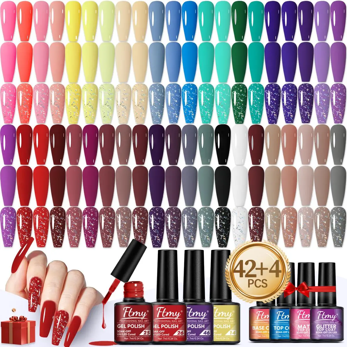 42 Colors Gel Nail Polish Art with Base Coat Top Matte Coat Glitter Top Coat, 46pcs/set Soak Off Uv/led Manicure Gift Set, Long-lasting Salon Quality Nails, New Years Nails