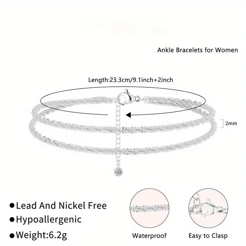 Dainty Layered Rhinestones Waterproof Anklet for Women Adjustable Womens Anklet Set Stackable Figaro Beaded Cuban Link Anklets Daily Clothing Decor for Beach Summer Trendy All-match& Exquisite Jewelry 2