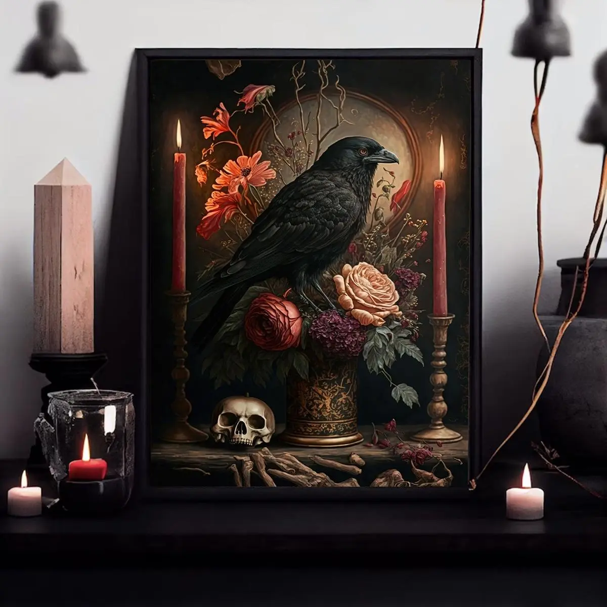 Crow & Flower Pattern Unframed Painting, Halloween Canvas Wall Art without Frame, Decorative Painting for Home Living Room Bedroom, Halloween Decor