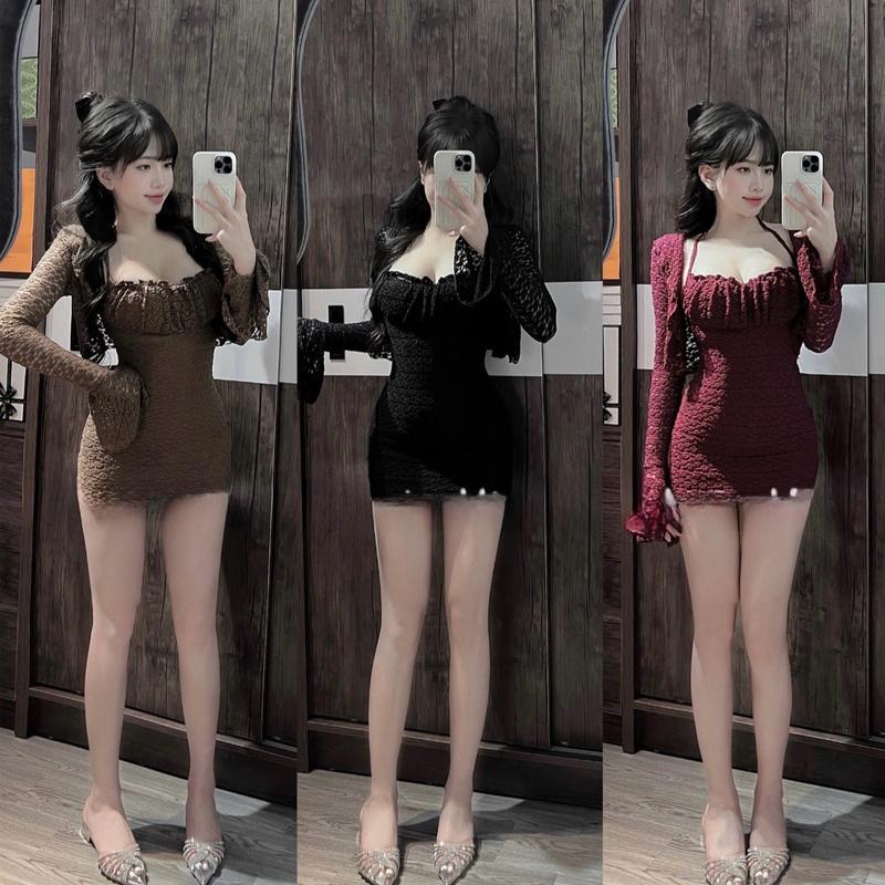 Đầm body ren mix áo khoác tay loe hack dáng (40-53kg) Thun Nữ Women Dress