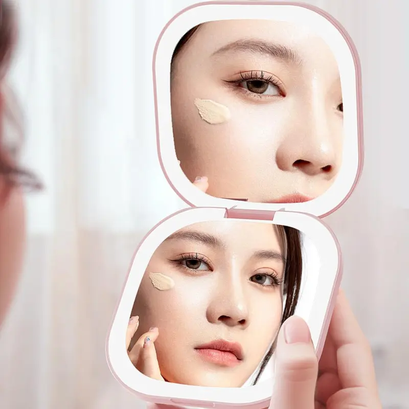 Double-sided LED Light Makeup Mirror, Portable Foldable Handheld Makeup Mirror with Touch Switch, 3-speed Brightness Adjustment Handheld LED Fill Mirror, White 4