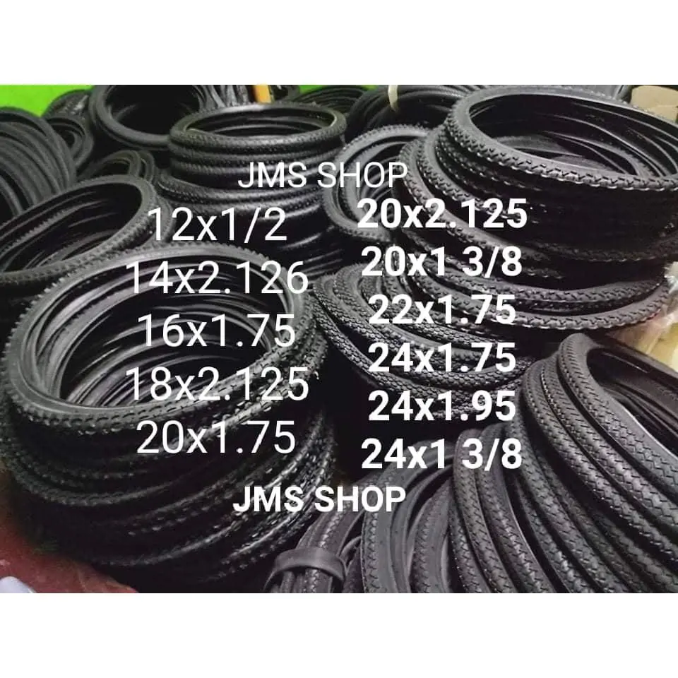LEO TIRE EXTERIOR FOR BIKES 20X2.125 24X1.75 22X1 3/8 22x1.75 24X1 3/8 20X1 3/8 20X1.75 16X1.75 24x1.95 18x2.125 16x1.75 14x2.125 AND SIZE 12 1/2 X2 1/4 ALL BRAND NEW, PRICE PARA SA ISANG PIRASO, GOOD QUALITY CHEAPEST PRICE AND FAST SHIPPING..