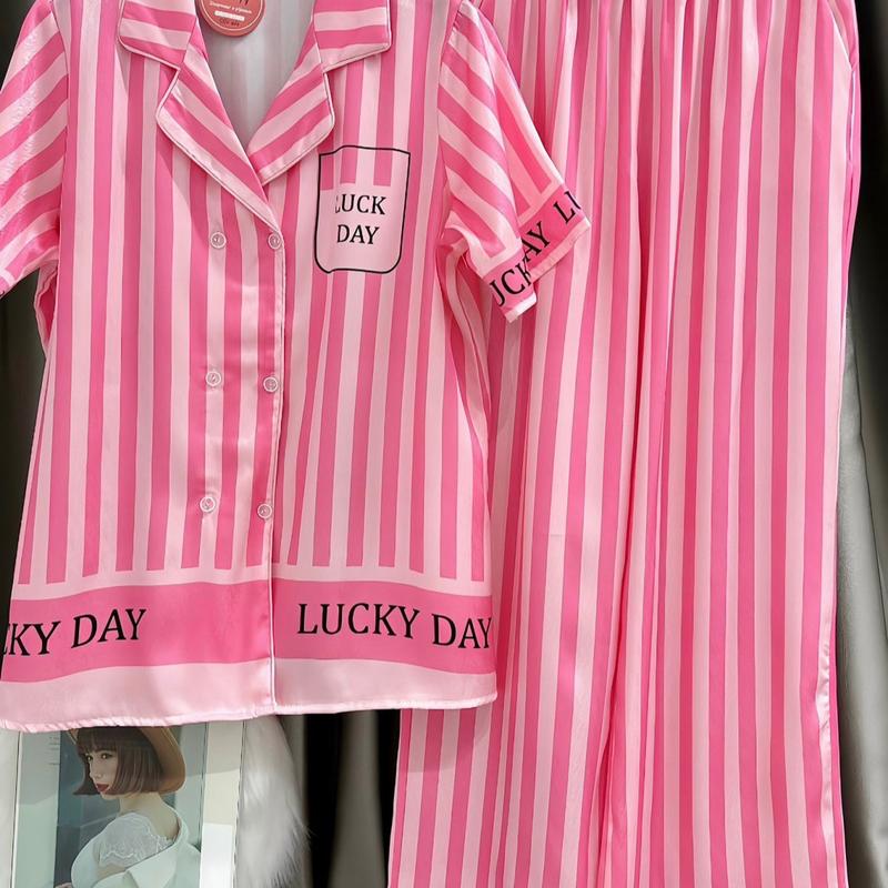 Bộ ngủ pijama mặc nhà cho nữ sọc hồng 6 nút có túi lụa xước 8