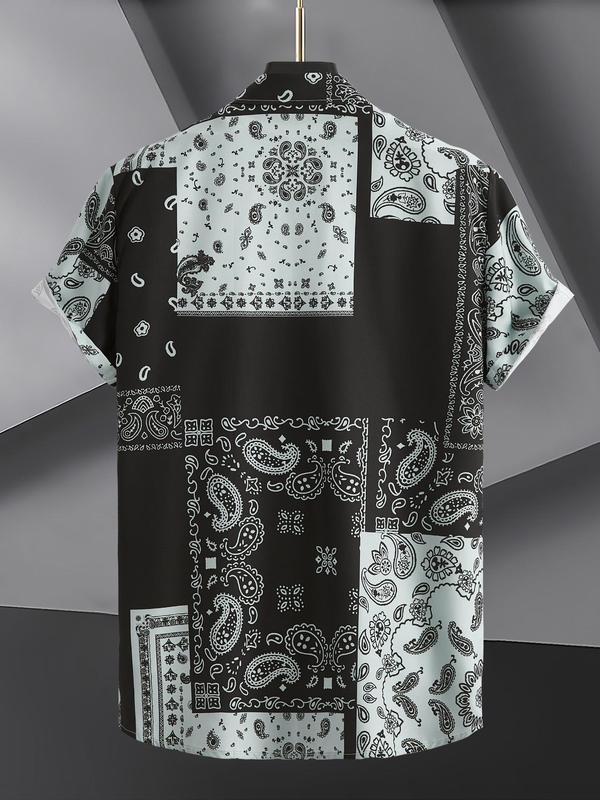 Men's Regular Fit Paisley Print Button Front Shirt, Summer Clothes, Boho Casual Short Sleeve Collared Top for Summer, Men's Clothes for Vacation Holiday Wear 7