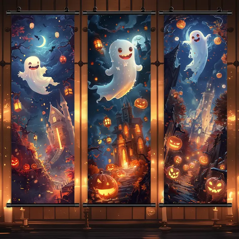 Halloween Hanging Banner, 3 Counts/set Cartoon Ghost Pattern Wall Art with Gift Box, Cute & Funny Ghost Poster, Halloween Decoration, Halloween Gift 5