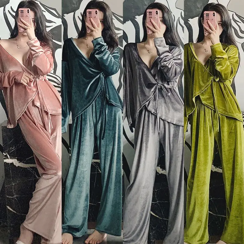 Bộ Đồ Ngủ, Dòng Từ Chối, Dành Cho Nữ, Hàng Mới Về Mùa Thu Và Mùa Đông, Nhung Vàng, Kimono Nhật Bản, Gợi Cảm Và Truyền Cảm Hứng, Dài Tay, Đồ Mặc Nhà, Bộ Hai Mảnh