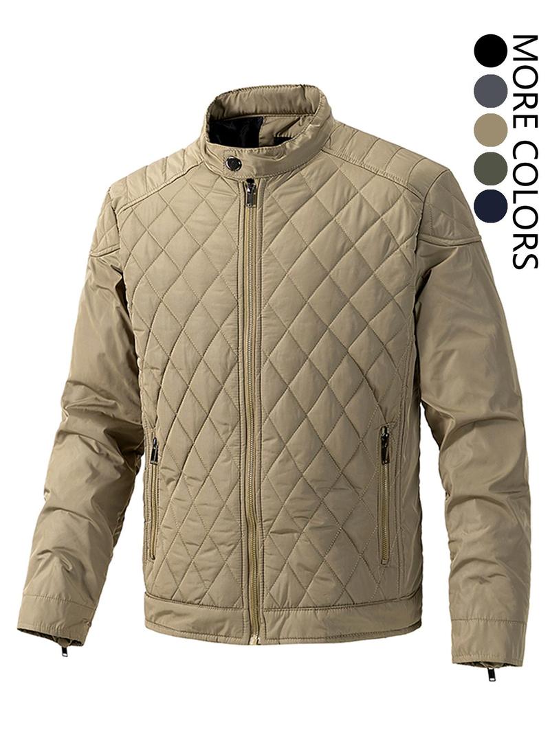 Product Introduction of Men's Solid Pocket Zipper Button Quilted Jacket, Regular Fit Casual Long Sleeve Stand Collar Outerwear for Fall & Winter, Men's Clothes for Daily Wear 1