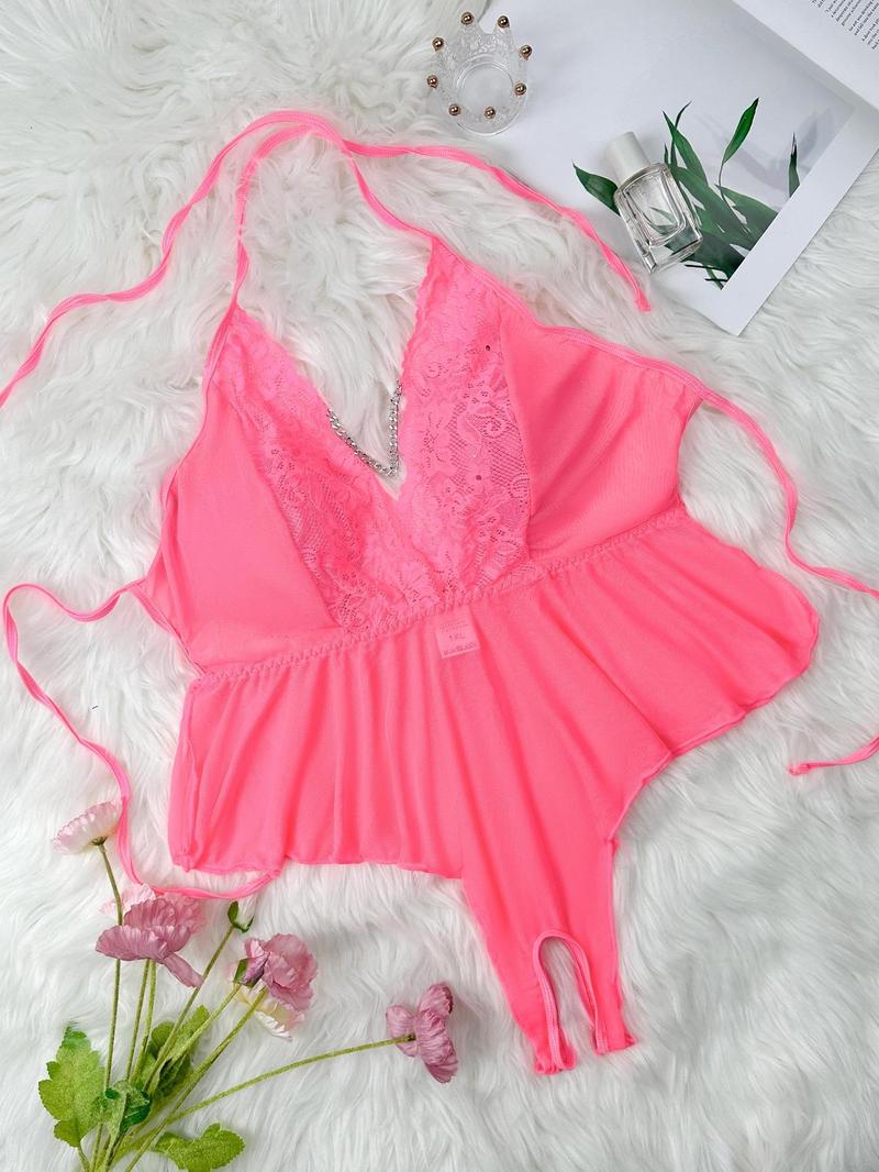 Product Introduction of Plus Size Contrast Lace Backless Halter Neck Tulle Onesie, Sexy Semi-sheer Open Crotch Design Tie Back Sleepwear, Women's Plus Sleepwear for All Seasons 6