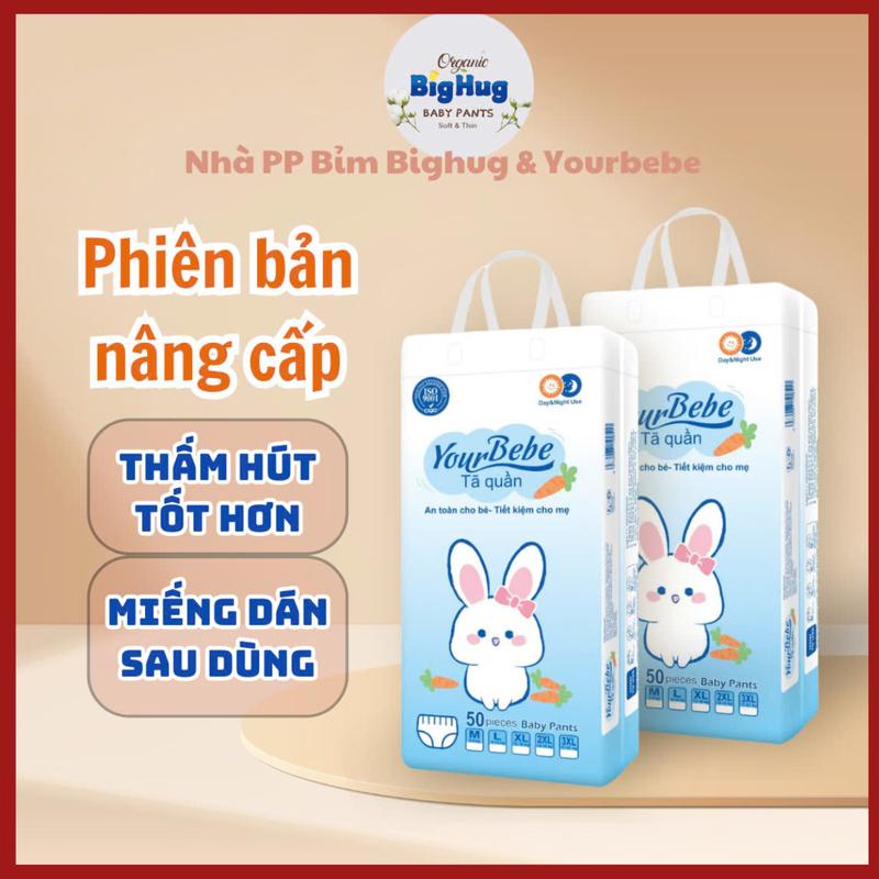 Bao bì Yourbebe :Combo 100 Bỉm Quần 2 bịch form Suông yourbebe.Hàng mỏng 2mm. Hàng Đủ từ size M Đến 3XL . Thấm hút từ 500ml Đến 800ML Cho Bé -Women Voi Balo