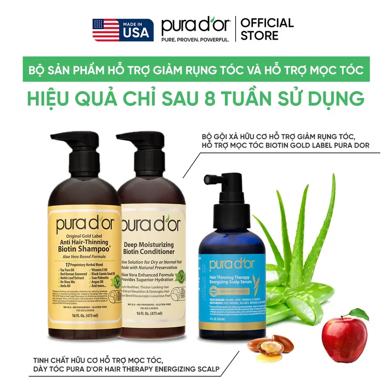 Combo 3 Bước Dầu Gội, Dầu Xả, Giảm Rụng Tóc Organic Pura D'or Biotin Gold Label 473ML | Chăm Sóc Tóc, Chăm Sóc Da Đầu, Dưỡng Tóc, Hỗ Trợ Mọc Tóc - Mega livestream 4
