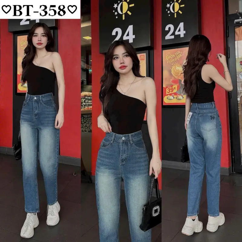 Dài 95cm - Quần Baggy Jean Nữ Thêu Thỏ Nhỏ Xinh Vải Mềm Lưng Cao Tôn Dáng 358 (40-70ky) - nữ  Pants Có Túi quần bò quạ ne Women 0